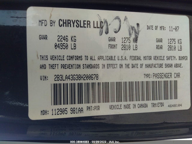 2008 DODGE CHARGER VIN: 2B3LA43G38H200678