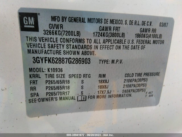 2007 CADILLAC ESCALADE EXT VIN: 3GYFK62887G286903