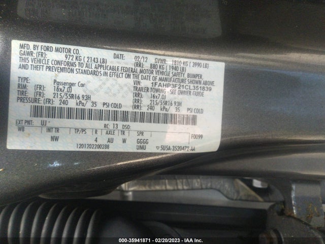 2012 FORD FOCUS SE VIN: 1FAHP3F21CL351839
