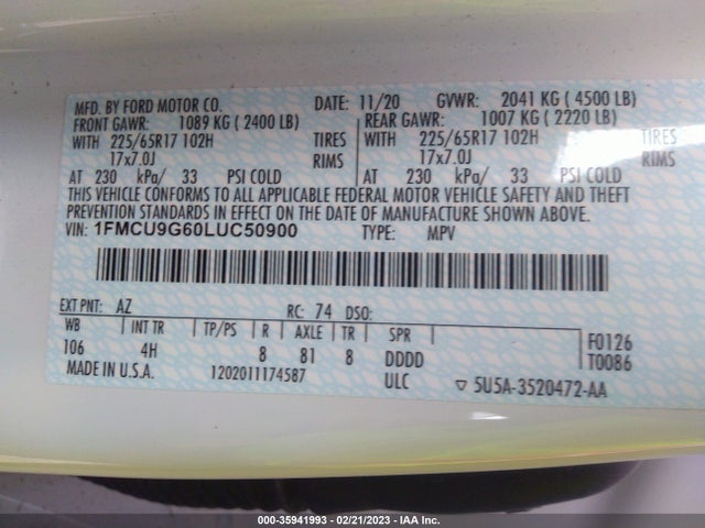 2020 Ford Escape, VIN: 1FMCU9G60LUC50900