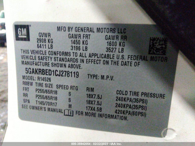 2012 BUICK ENCLAVE CONVENIENCE VIN: 5GAKRBED1CJ278119
