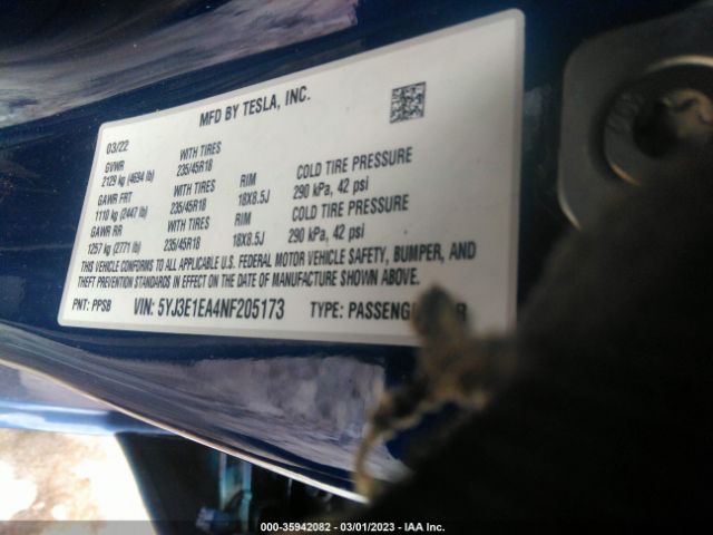 5YJ3E1EA4NF205173 Tesla MODEL 3