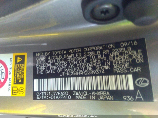 JTHKD5BH9H2289374 Lexus Ct Ct 200h