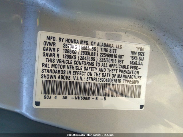 2004 HONDA ODYSSEY EX-L VIN: 5FNRL18904B067616