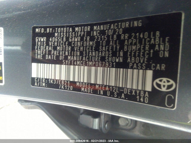 2021 TOYOTA COROLLA XSE/APEX XSE VIN: 5YFT4MCE1MP067931