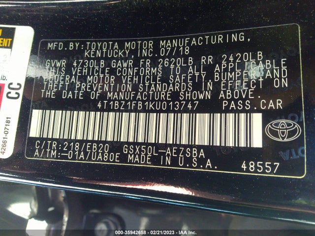 2019 Toyota Avalon, VIN: 4T1BZ1FB1KU013747