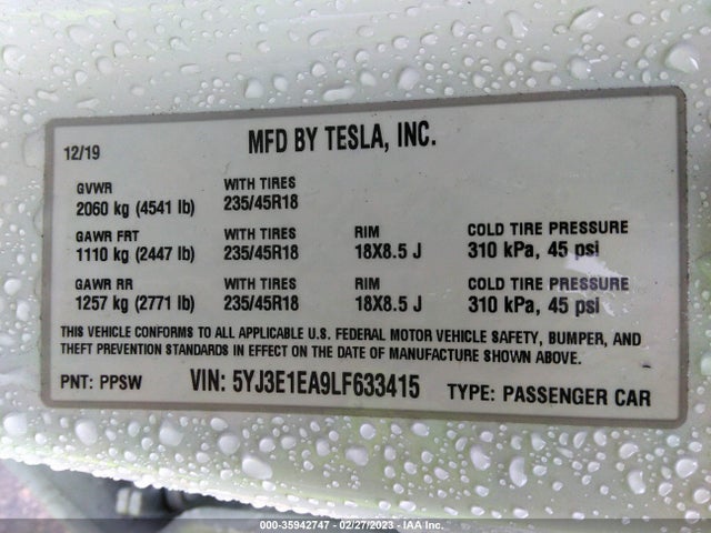 Tesla Model 3 Standard Range 2020 5YJ3E1EA9LF633415 Image 11