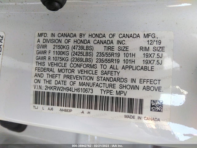 Honda Cr-v Touring 2020 2HKRW2H94LH610673 Image 9