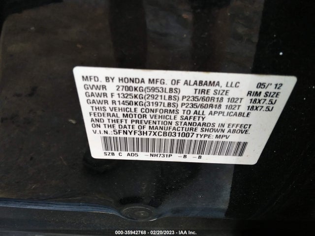 2012 HONDA PILOT EX-L VIN: 5FNYF3H7XCB031007