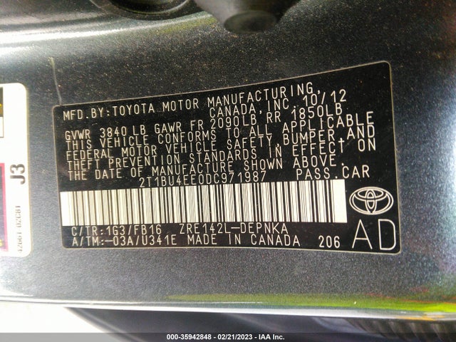 2013 TOYOTA COROLLA L/LE/S VIN: 2T1BU4EE0DC971987