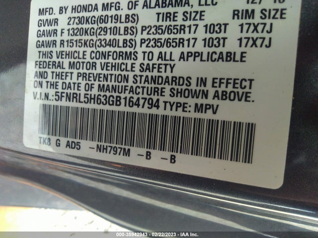 2016 Honda Odyssey, VIN: 5FNRL5H63GB164794