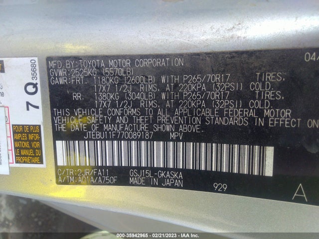 2007 TOYOTA FJ CRUISER VIN: JTEBU11F770089187