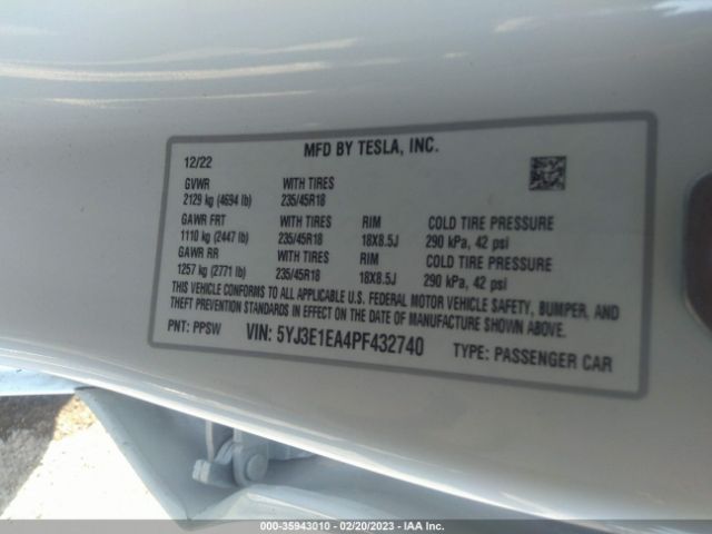 5YJ3E1EA4PF432740 Tesla MODEL 3