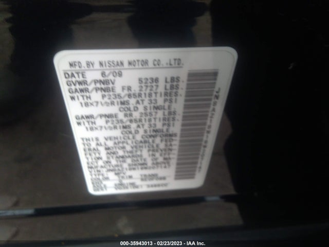 2009 NISSAN MURANO S VIN: JN8AZ18W19W207147