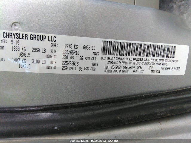 2010 DODGE GRAND CARAVAN SXT VIN: 2D4RN5D11AR459072