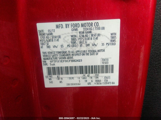 2012 FORD F-150 XL/STX/XLT/FX4/LARIAT VIN: 1FTFX1EF0CFB82423