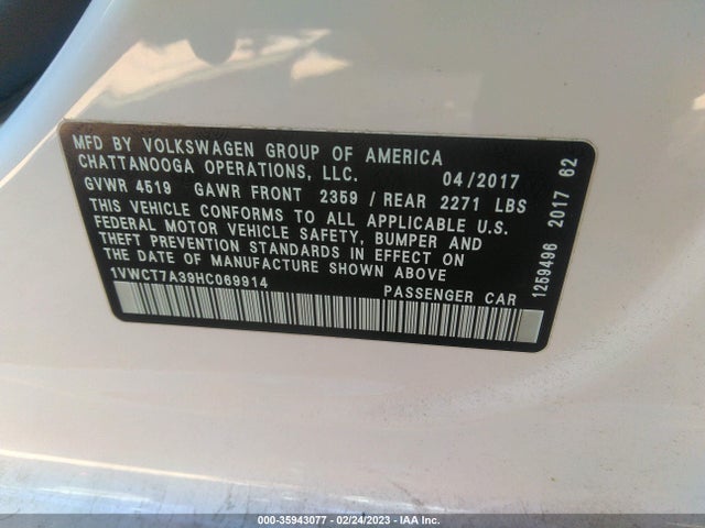 1VWCT7A39HC069914 Volkswagen Passat 1.8t Sel Premium