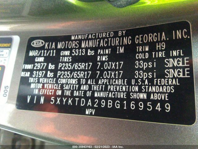 5XYKTDA29BG169549 KIA SORENTO LX