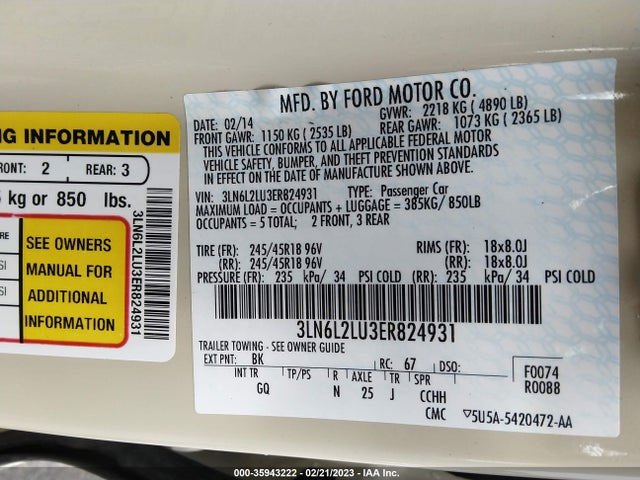 2014 Lincoln MKZ, VIN: 3LN6L2LU3ER824931