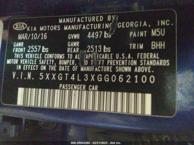 5XXGT4L3XGG062100 KIA Optima Lx