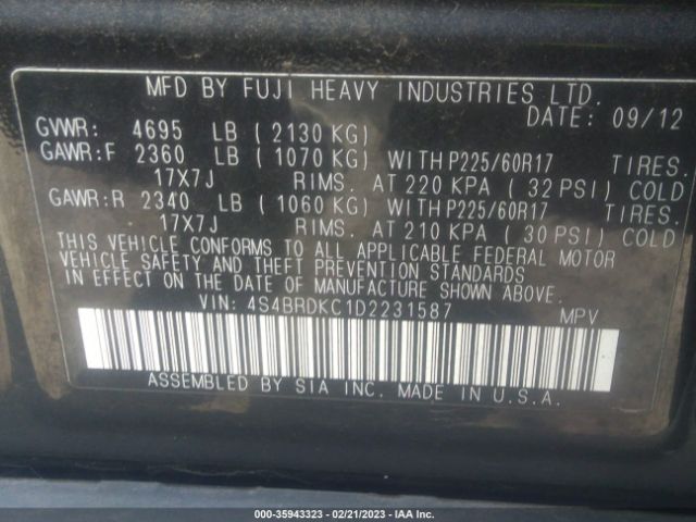 4S4BRDKC1D2231587 Subaru Outback 3.6r Limited