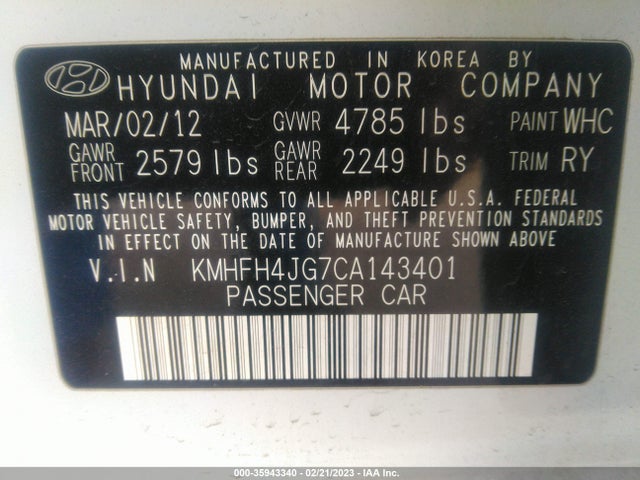 Hyundai Azera 2012 KMHFH4JG7CA143401 Image 10