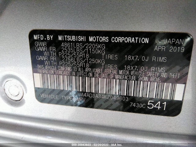 JA4AD3A34KZ049603 Mitsubishi Outlander Se/sel/le