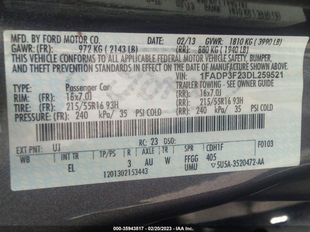 2013 FORD FOCUS SE VIN: 1FADP3F23DL259521