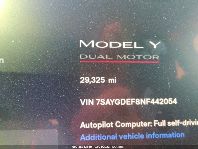 2022 TESLA MODEL Y PERFORMANCE VIN: 7SAYGDEF8NF442054