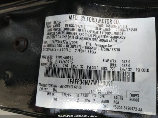 2007 FORD FOCUS S/SE/SES VIN: 1FAFP34N77W170091
