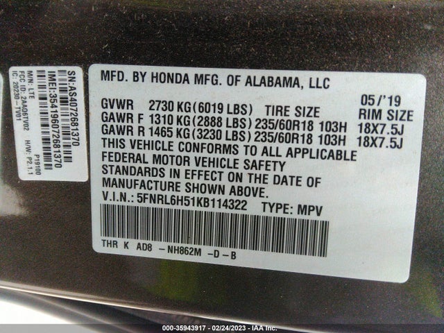 Honda ODYSSEY EX 2019 5FNRL6H51KB114322 Image 10