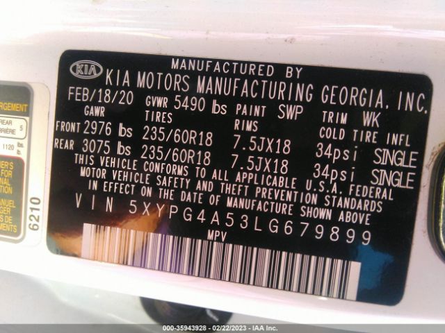 5XYPG4A53LG679899 KIA Sorento Lx V6