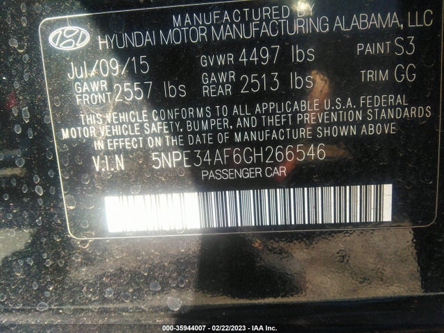 2016 HYUNDAI SONATA 2.4L SPORT VIN: 5NPE34AF6GH266546