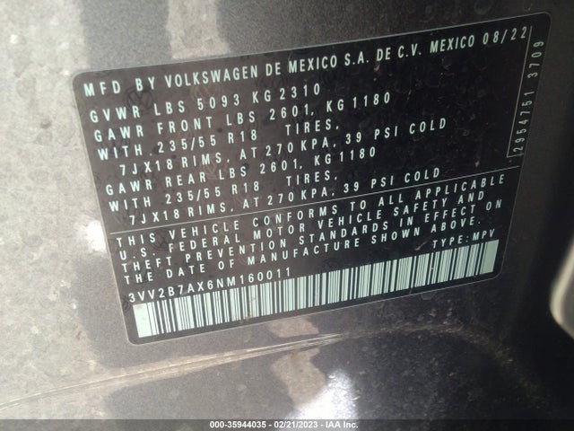 3VV2B7AX6NM160011 Volkswagen TIGUAN SE