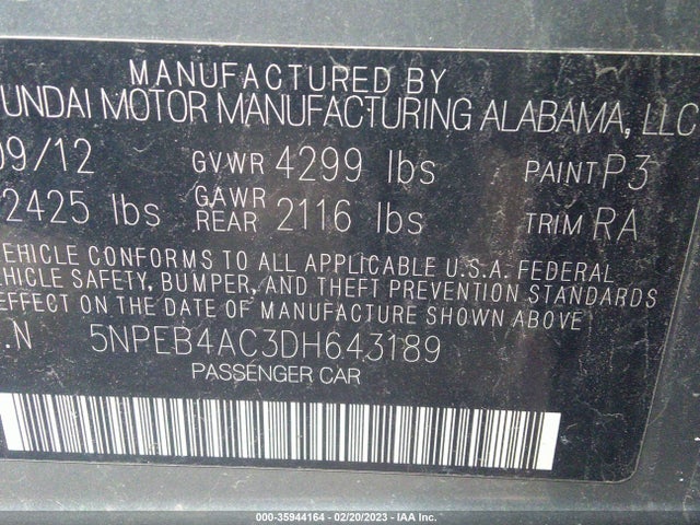 2013 HYUNDAI SONATA GLS VIN: 5NPEB4AC3DH643189