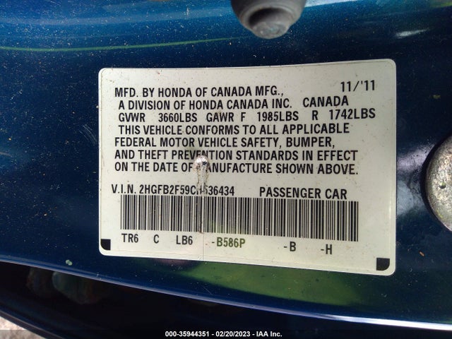 Honda CIVIC SDN 2012 2HGFB2F59CH536434 Image 9