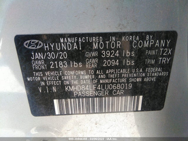 Hyundai ELANTRA SEL 2020 KMHD84LF4LU068019 Image 9
