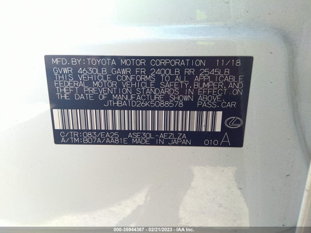 2019 Lexus IS, VIN: JTHBA1D26K5088578