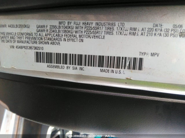 2006 SUBARU LEGACY WAGON OUTBACK 2.5I LTD VIN: 4S4BP62C867362510