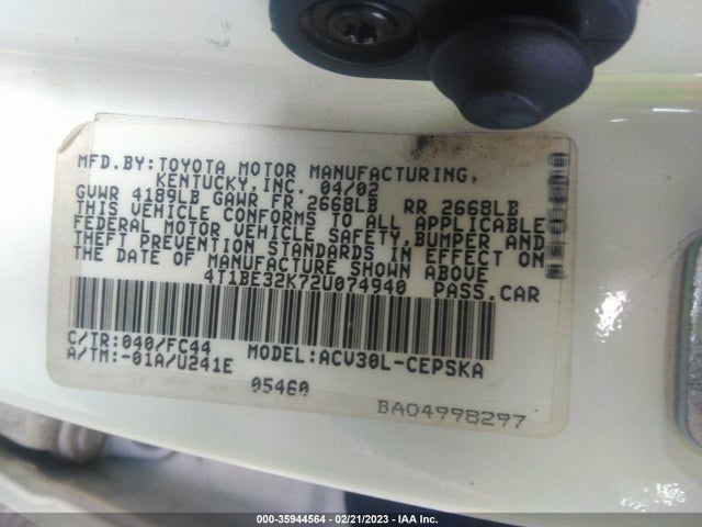 2002 TOYOTA CAMRY LE/SE/XLE VIN: 4T1BE32K72U074940