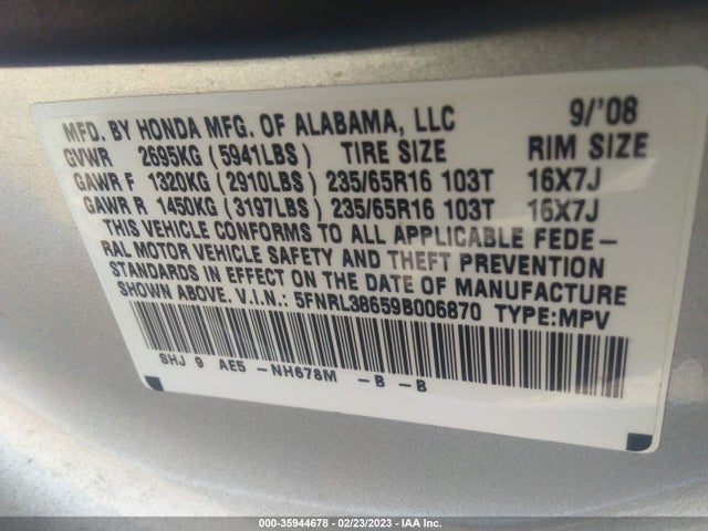 2009 HONDA ODYSSEY EX-L VIN: 5FNRL38659B006870