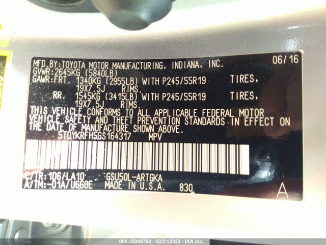 Toyota Highlander Limited 2016 5TDYKRFH5GS164317 Image 9