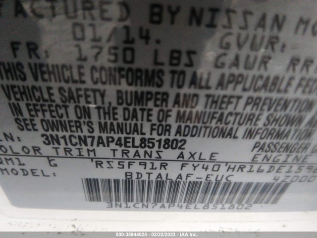 Nissan VERSA S 2014 3N1CN7AP4EL851802 Image 9