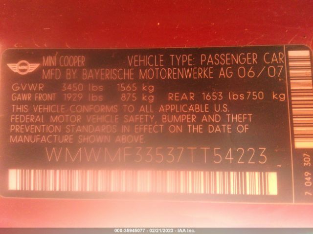 WMWMF33537TT54223 Mini COOPER HARDTOP