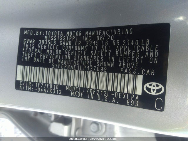 Toyota COROLLA LE 2020 5YFEPRAE1LP137099 Image 10
