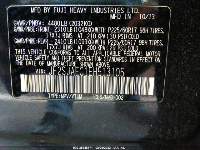 2014 SUBARU FORESTER 2.5I PREMIUM VIN: JF2SJAEC1EH513105