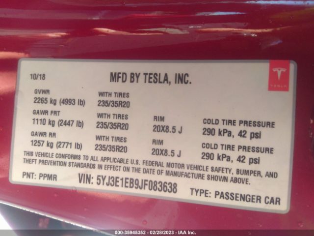 5YJ3E1EB9JF083638 Tesla Model 3 Long Range