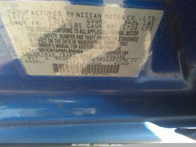 3N1CN7AP8FL859404 Nissan VERSA SV