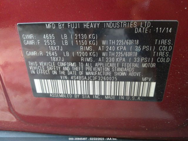 4S4BSAJC3F3260025 Subaru Outback 2.5i Limited