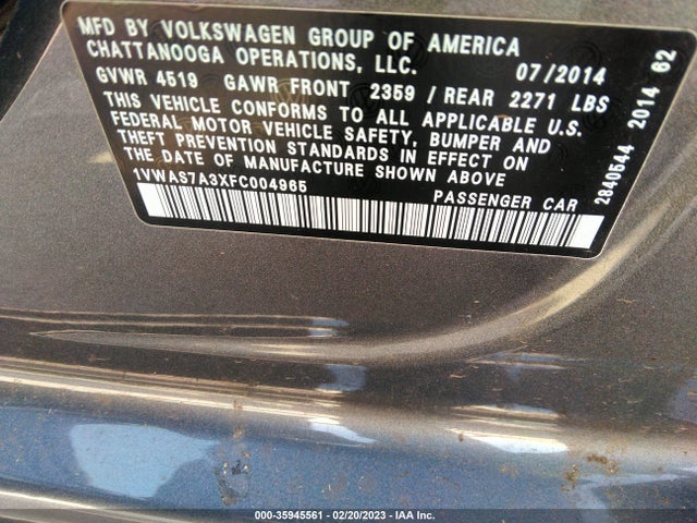 2015 VOLKSWAGEN PASSAT 1.8T S VIN: 1VWAS7A3XFC004965